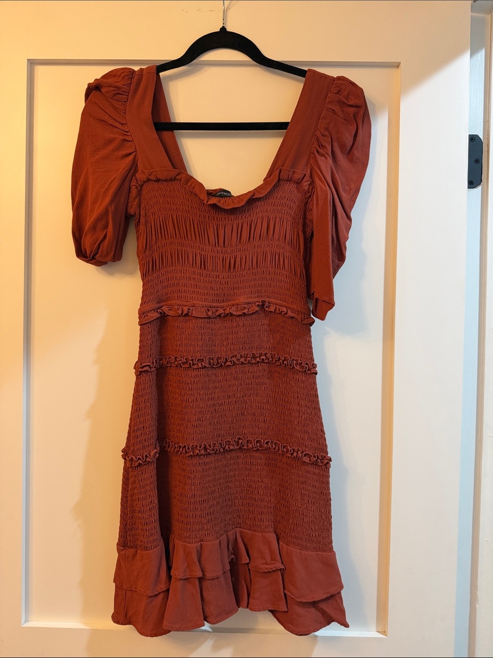 Olivaceous Rust Smocked Ruffle Mini Dress
